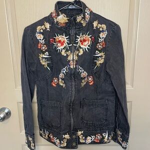 Mixed Culture Floral Embroidered Denim Jacket